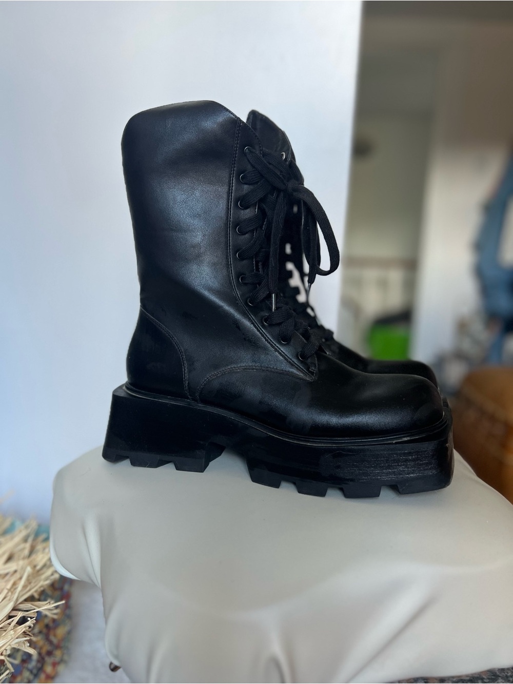 Charles & Keith Black Lace-Up Platform Combat Boots - Women size 41